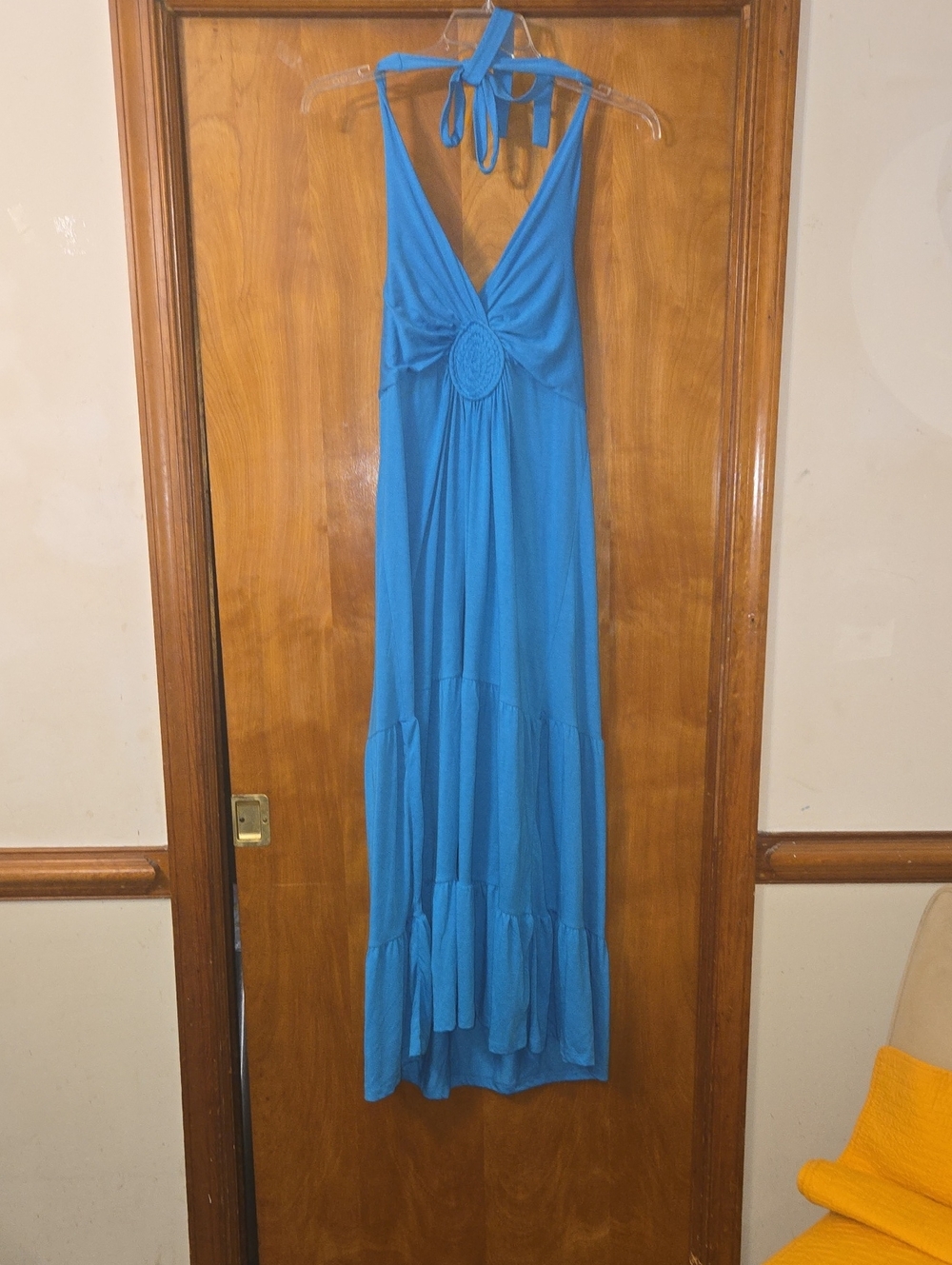 Vibrant Turquoise Blue Halter Dress Maxi with Center Rose Accent